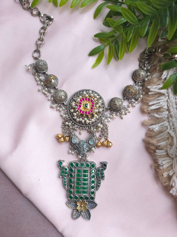 Silveralike Dualtone Brass Kundan Multicolor Green Choker Necklace Set