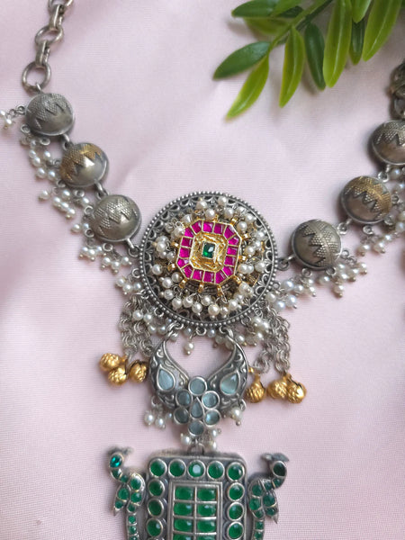 Silveralike Dualtone Brass Kundan Multicolor Green Choker Necklace Set