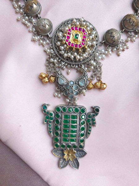 Silveralike Dualtone Brass Kundan Multicolor Green Choker Necklace Set