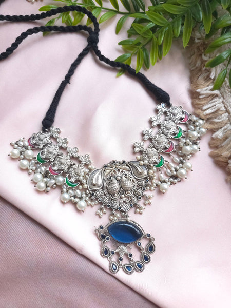 Silveralike Dualtone Brass Kundan Multicolor Blue Necklace Set