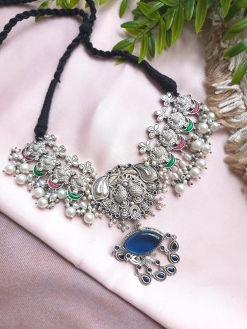 Silveralike Dualtone Brass Kundan Multicolor Blue Necklace Set