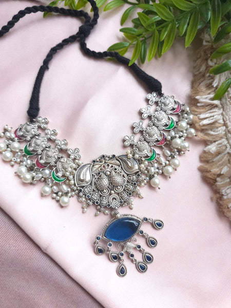 Silveralike Dualtone Brass Kundan Multicolor Blue Necklace Set