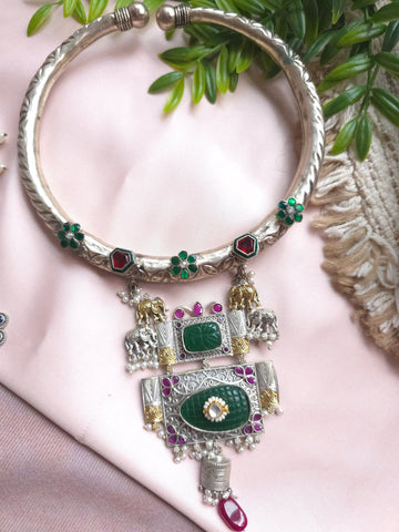 Silveralike Dualtone Brass Kundan Multicolor Green Choker Necklace Set