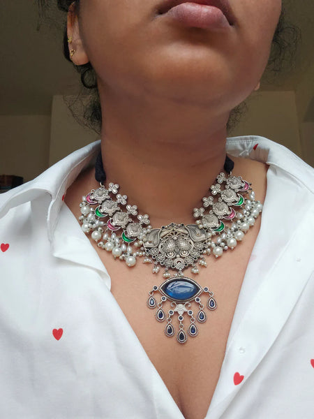 Silveralike Dualtone Brass Kundan Multicolor Blue Necklace Set