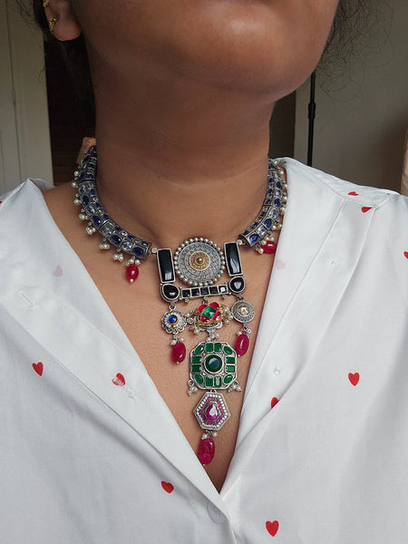 Silveralike Dualtone Multicolor Brass Choker Hasli Necklace and Earring Set