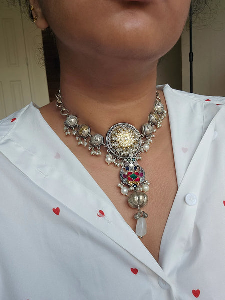 Silveralike Dualtone Brass Kundan Multicolor Necklace Set