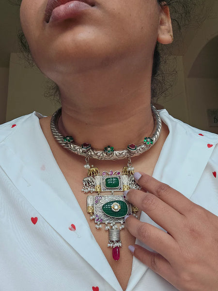 Silveralike Dualtone Brass Kundan Multicolor Green Choker Necklace Set