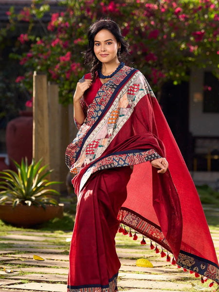 Maroon Cotton Saree with Vibrant Ajrakh Kantha Patchwork & Madhubani Border