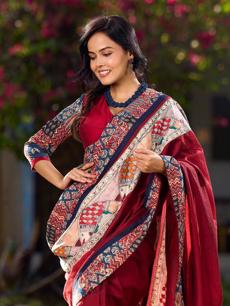 Maroon Cotton Saree with Vibrant Ajrakh Kantha Patchwork & Madhubani Border