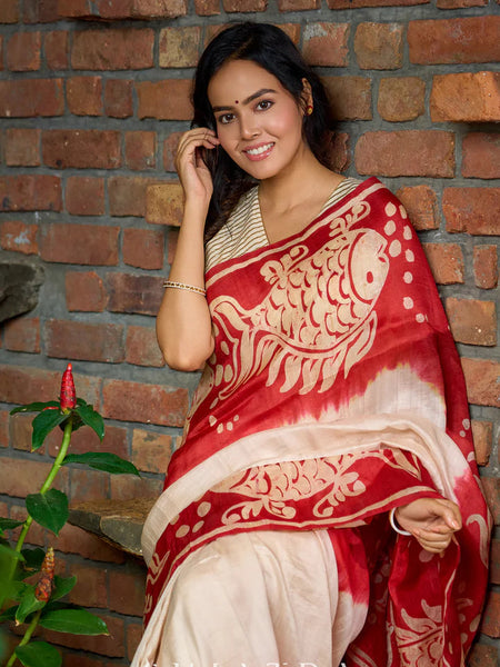 Red & Off White Batik Saree