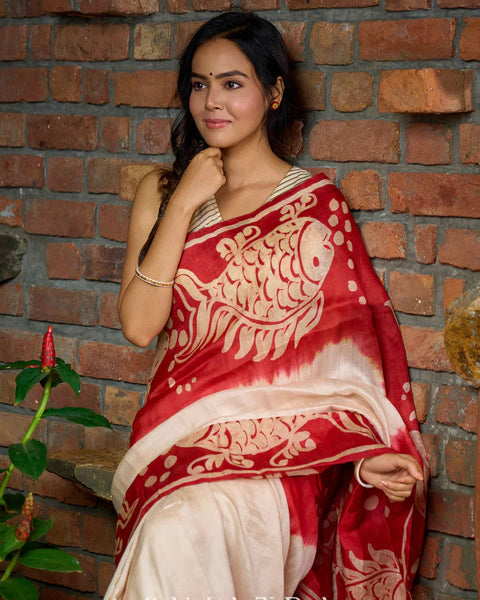 Red & Off White Batik Saree
