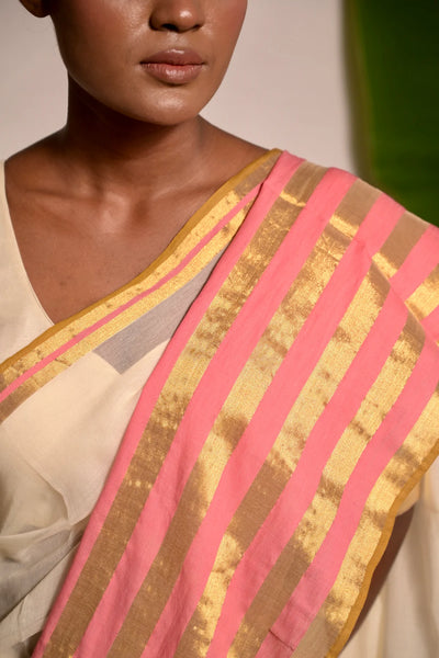 Cream White Cotton Saree with Pink and Golden Striped Border