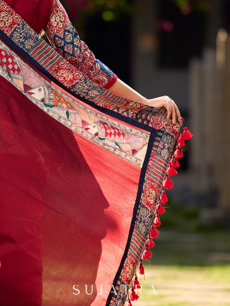 Maroon Cotton Saree with Vibrant Ajrakh Kantha Patchwork & Madhubani Border