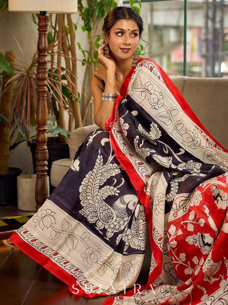 Black & White Kalamkari Pure Silk Saree with Bold Red Contrast Border