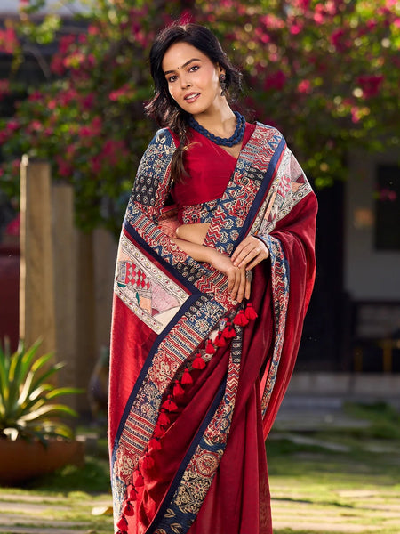 Maroon Cotton Saree with Vibrant Ajrakh Kantha Patchwork & Madhubani Border