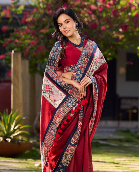 Maroon Cotton Saree with Vibrant Ajrakh Kantha Patchwork & Madhubani Border