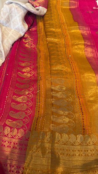 White Soft Silk Saree with French Knots and Kantha Stitch with Zari Border