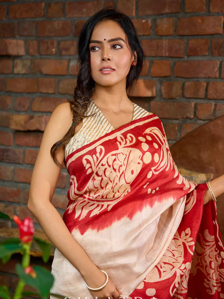 Red & Off White Batik Saree