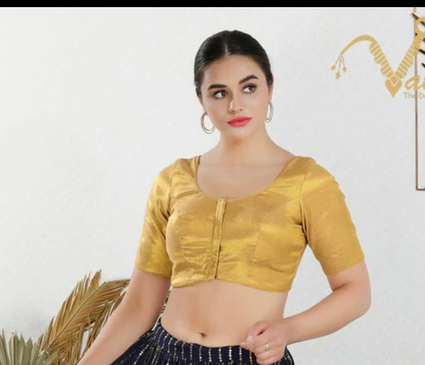 Gold Shimmer Padded Front Open Elbow Sleeves Saree Blouse