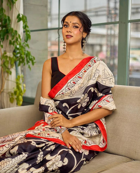 Black & White Kalamkari Pure Silk Saree with Bold Red Contrast Border
