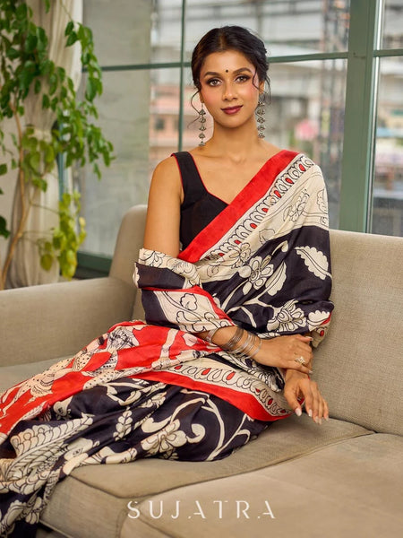 Black & White Kalamkari Pure Silk Saree with Bold Red Contrast Border
