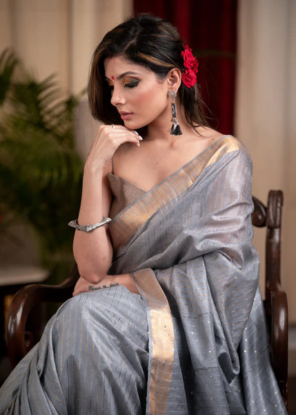 STRIPED, GREY KOTA SILK SAREE