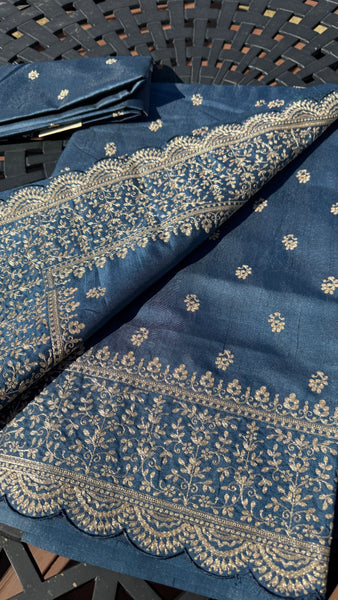 Royal Blue and Gold Tussar Silk Saree with Zari Butta's