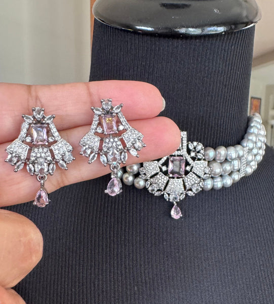 Natural Freshwater Gray Real Pearl Set with CZ and Pinkish Lavender Stone