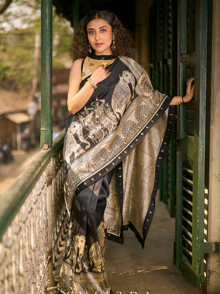 Black Blended Silk Kalamkari Printed Saree with Detailed Pallu