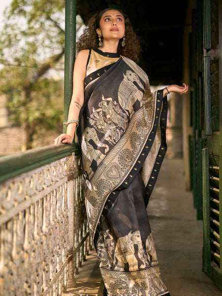 Black Blended Silk Kalamkari Printed Saree with Detailed Pallu