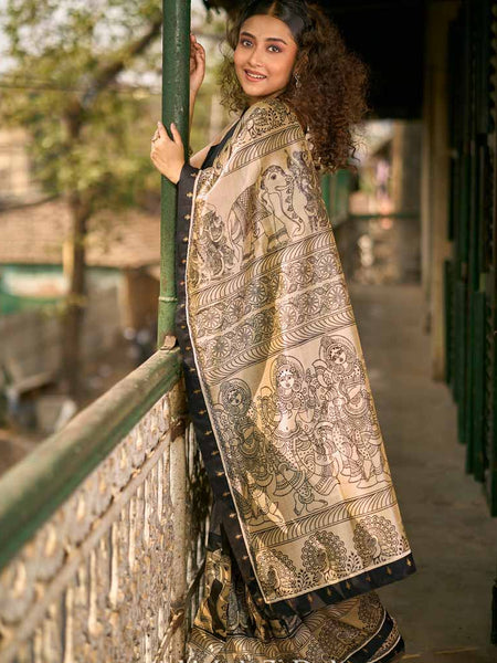 Black Blended Silk Kalamkari Printed Saree with Detailed Pallu