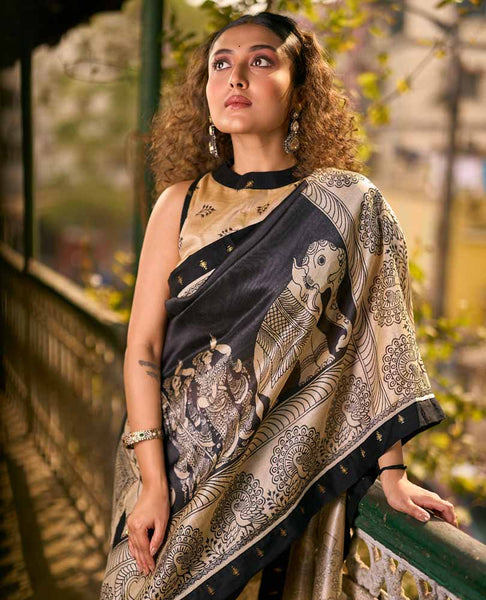 Black Blended Silk Kalamkari Printed Saree with Detailed Pallu