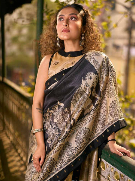Black Blended Silk Kalamkari Printed Saree with Detailed Pallu