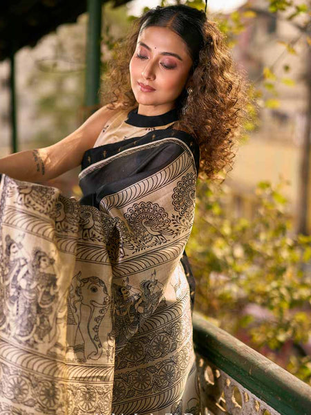 Black Blended Silk Kalamkari Printed Saree with Detailed Pallu