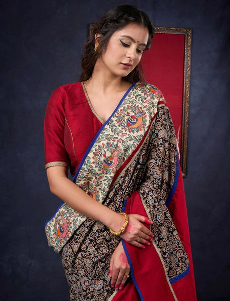 Cotton Ajrakh saree with Hand painted Madhubani Border