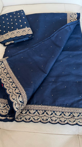 Midnight Blue Tussar Silk Saree with Zardosi Border