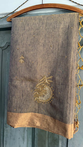 Dual Tone Grey Silver Gold Tone Tissue Linen Saree