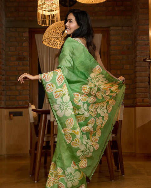 pure silk beauty in green with vibrant hand batik floral motif