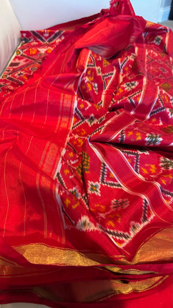 Pure Ikkat Double Weaving Silk Red and Multicolor Saree