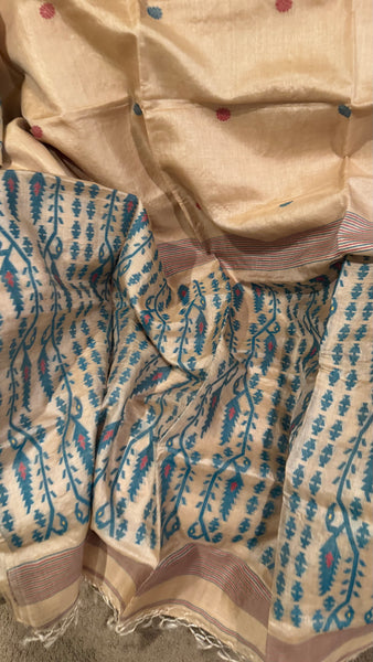 Teal Handwoven Pure Tussar Silk Jamdani Saree