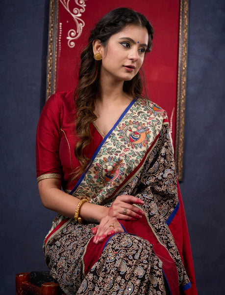 Cotton Ajrakh saree with Hand painted Madhubani Border