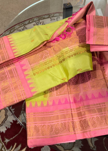 Mint Pistachio Green and Pink Pure Silk Handloom Gadwal Saree