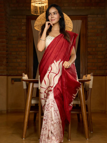 Agamoni Durga Puja Collection Red & Off White Batik Saree