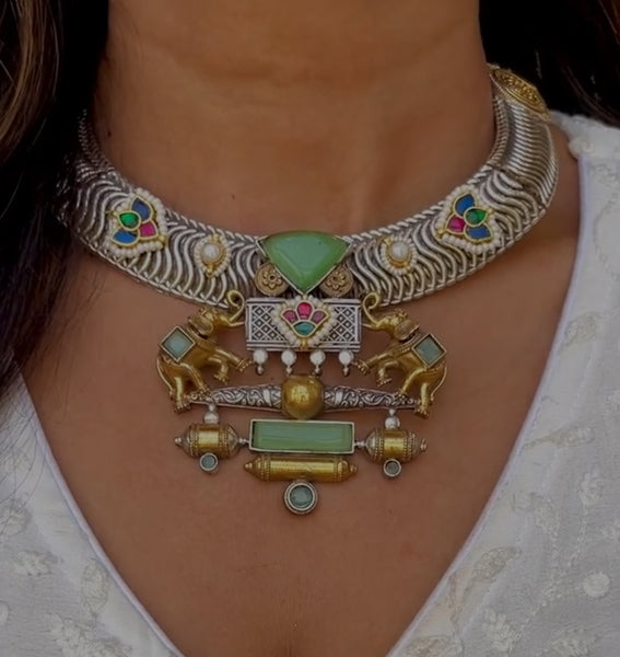 Dual 2 Tone Fusion Elephant Kundan Hasli Necklace Set