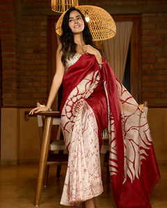 Agamoni Durga Puja Collection Red & Off White Batik Saree