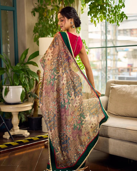 Bottle Green Georgette Saree with Artistic Kalamkari Printed Pallu & Delicate Gold Lace Border
