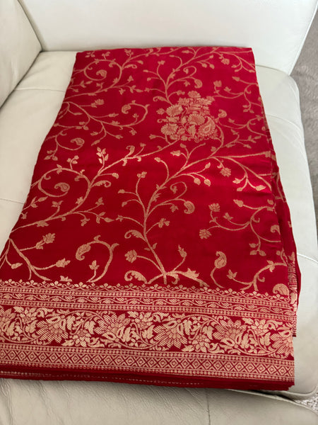 Red and Gold Munga Banarasi Silk Saree