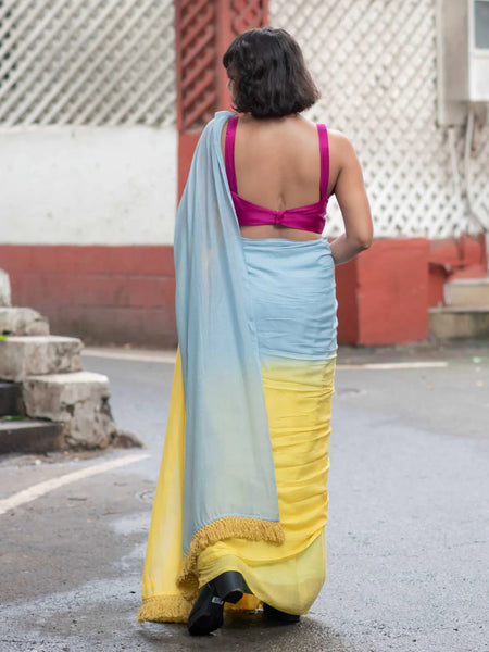 Grey and Yellow Mul Mul Cotton Saree with Hand Knots and Color Contrast