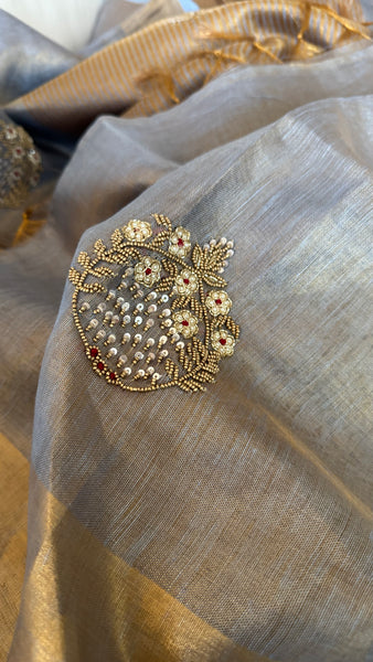 Dual Tone Grey Silver Gold Tone Tissue Linen Saree