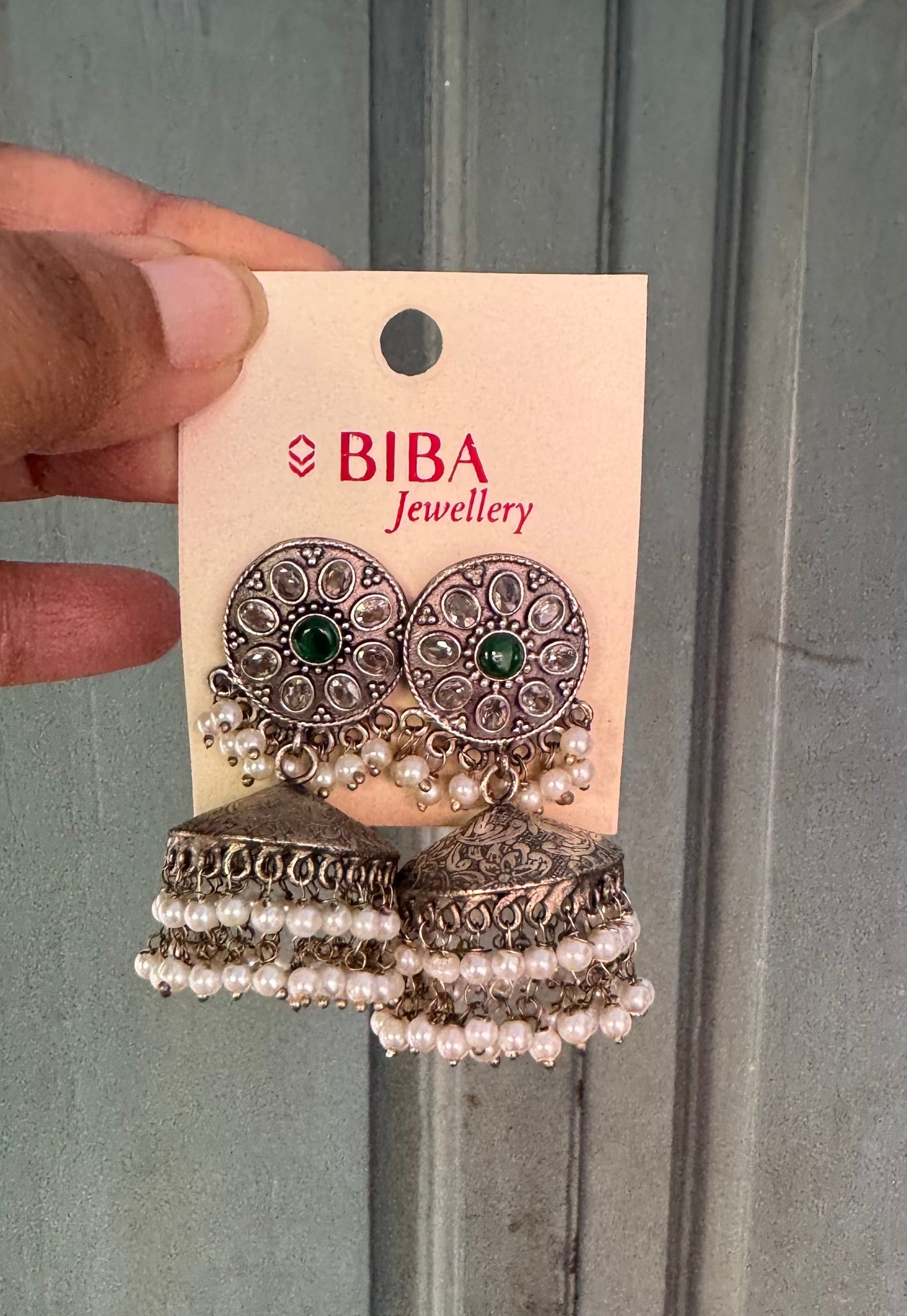 Green Brass Jhumka Earrings